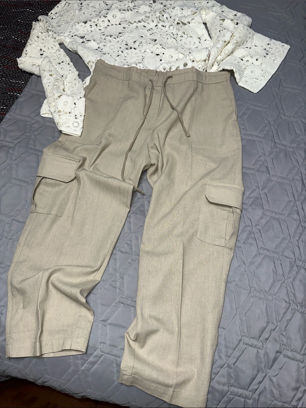 Sz M🇨🇦⭐️NWT DKR Beige Linen Blend Cargo Crop Pant Elastic Drawstring Waist